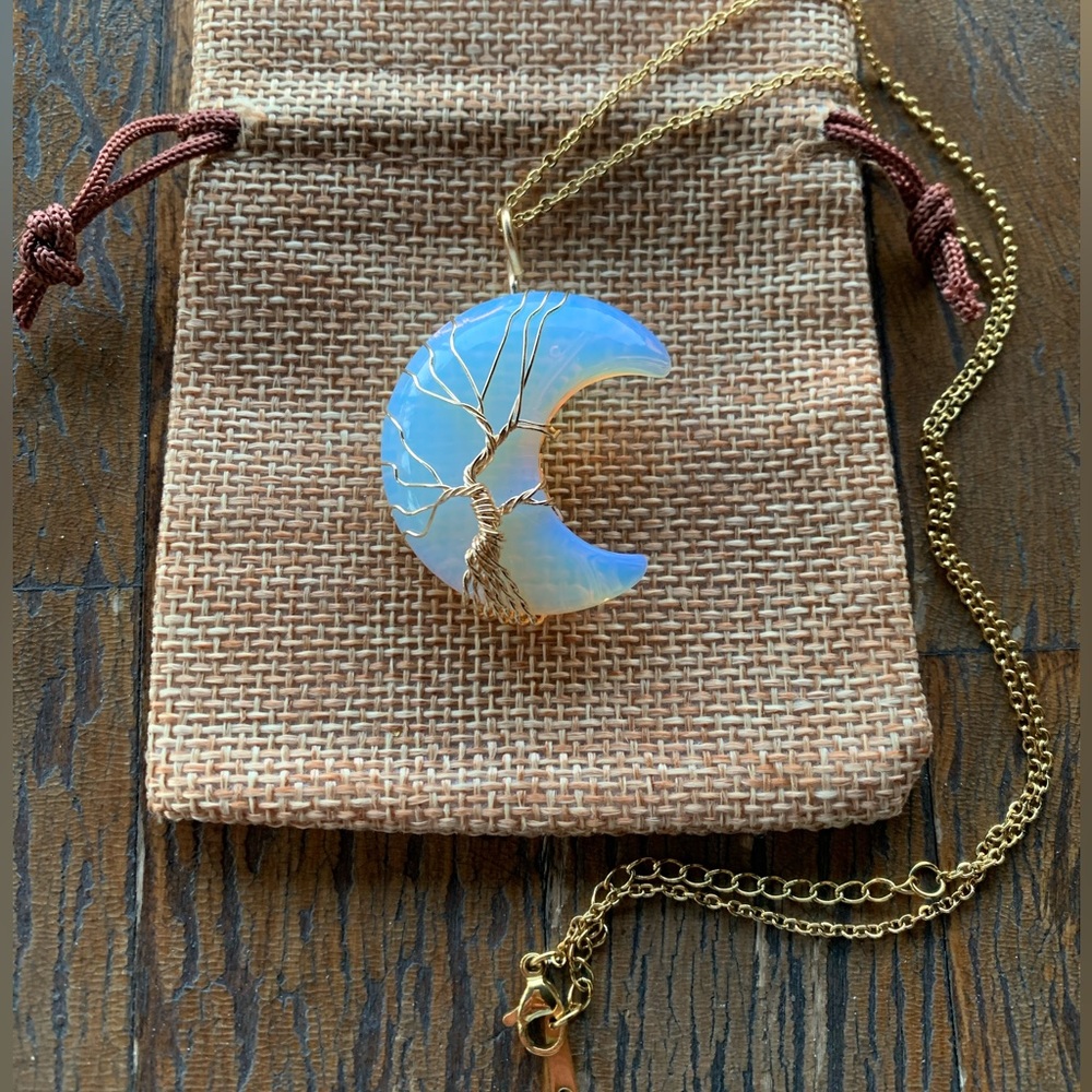 Brand New Wire-Wrapped Opalite Moon with Gold plated Stainless Steel Chain